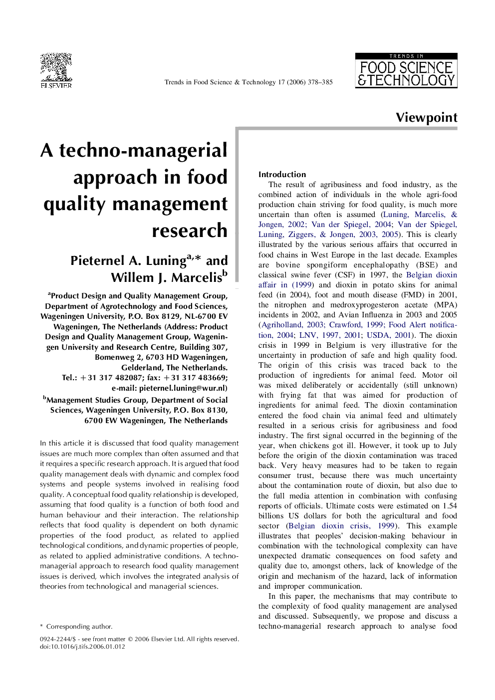 A techno-managerial approach in food quality management research