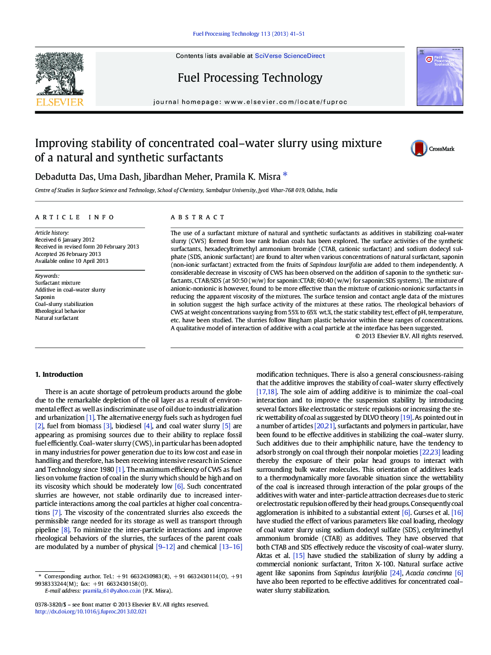 Improving stability of concentrated coal–water slurry using mixture of a natural and synthetic surfactants