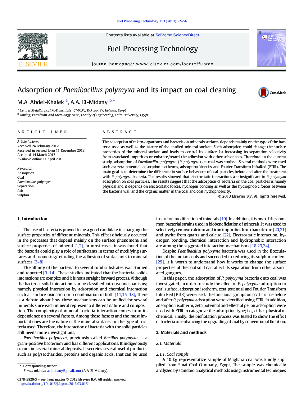 Adsorption of Paenibacillus polymyxa and its impact on coal cleaning