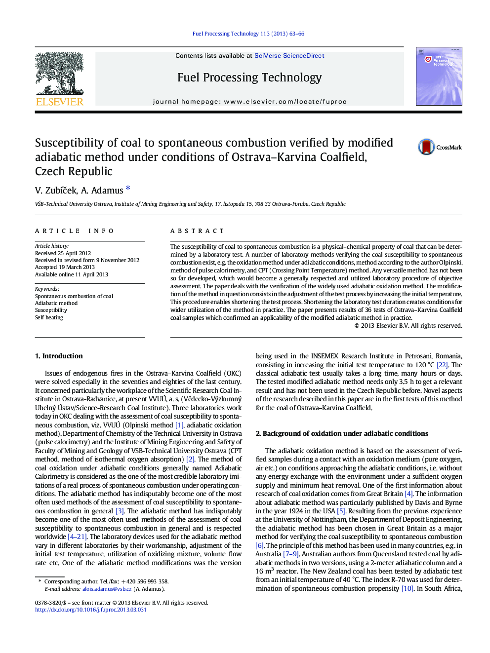 Susceptibility of coal to spontaneous combustion verified by modified adiabatic method under conditions of Ostrava–Karvina Coalfield, Czech Republic