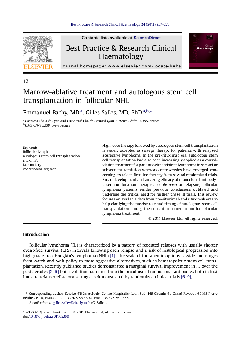 Marrow-ablative treatment and autologous stem cell transplantation in follicular NHL