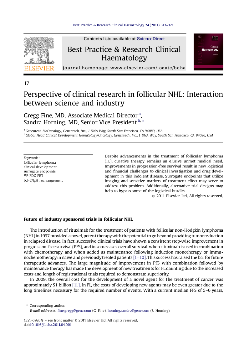 Perspective of clinical research in follicular NHL: Interaction between science and industry