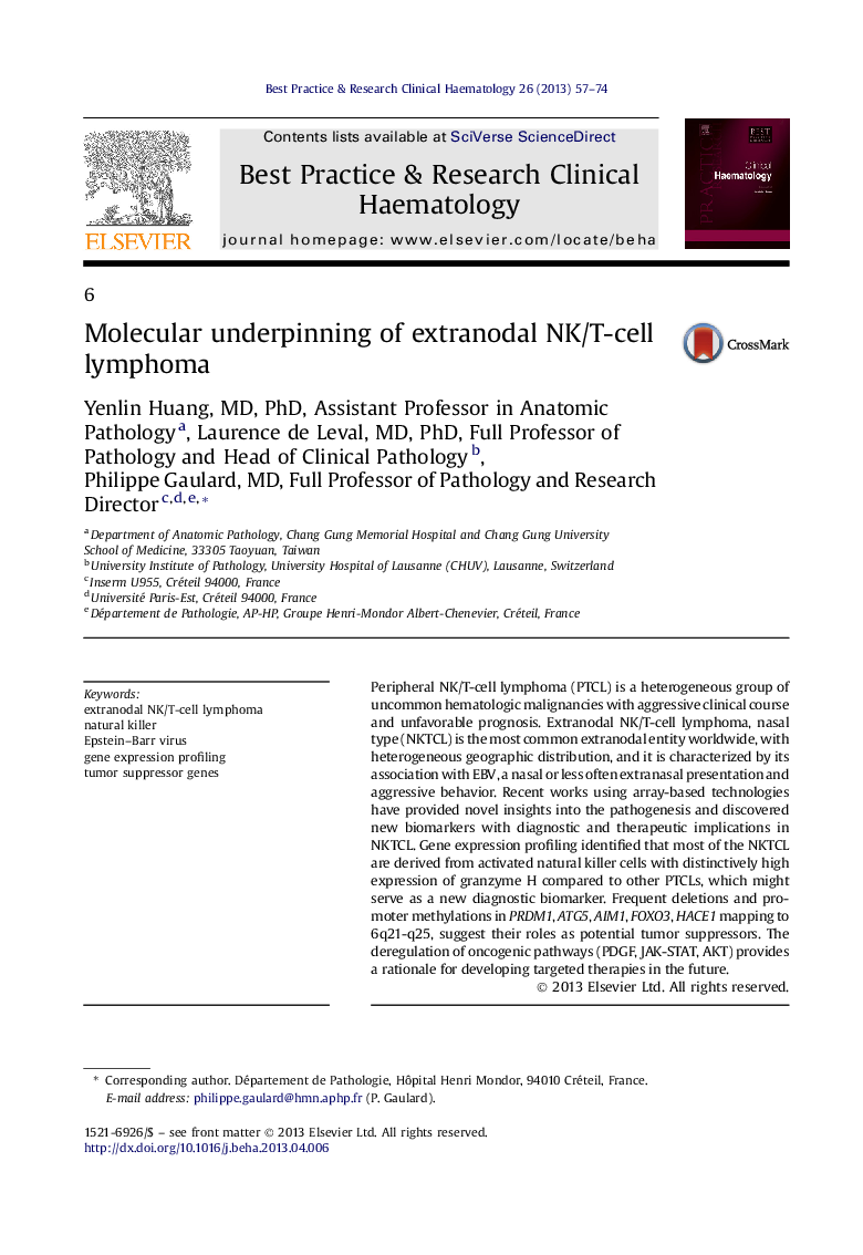 Molecular underpinning of extranodal NK/T-cell lymphoma