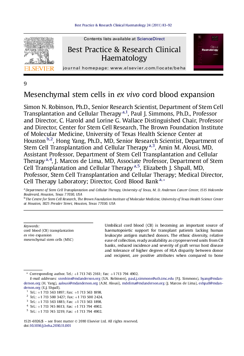 Mesenchymal stem cells in ex vivo cord blood expansion