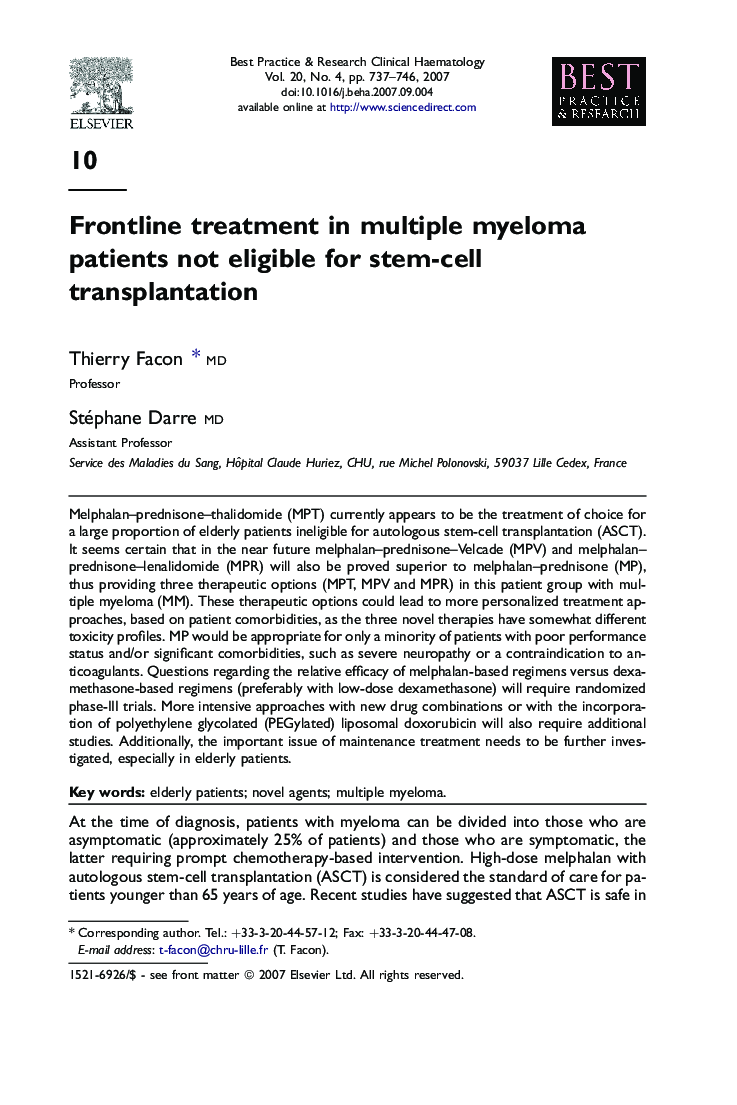 Frontline treatment in multiple myeloma patients not eligible for stem-cell transplantation