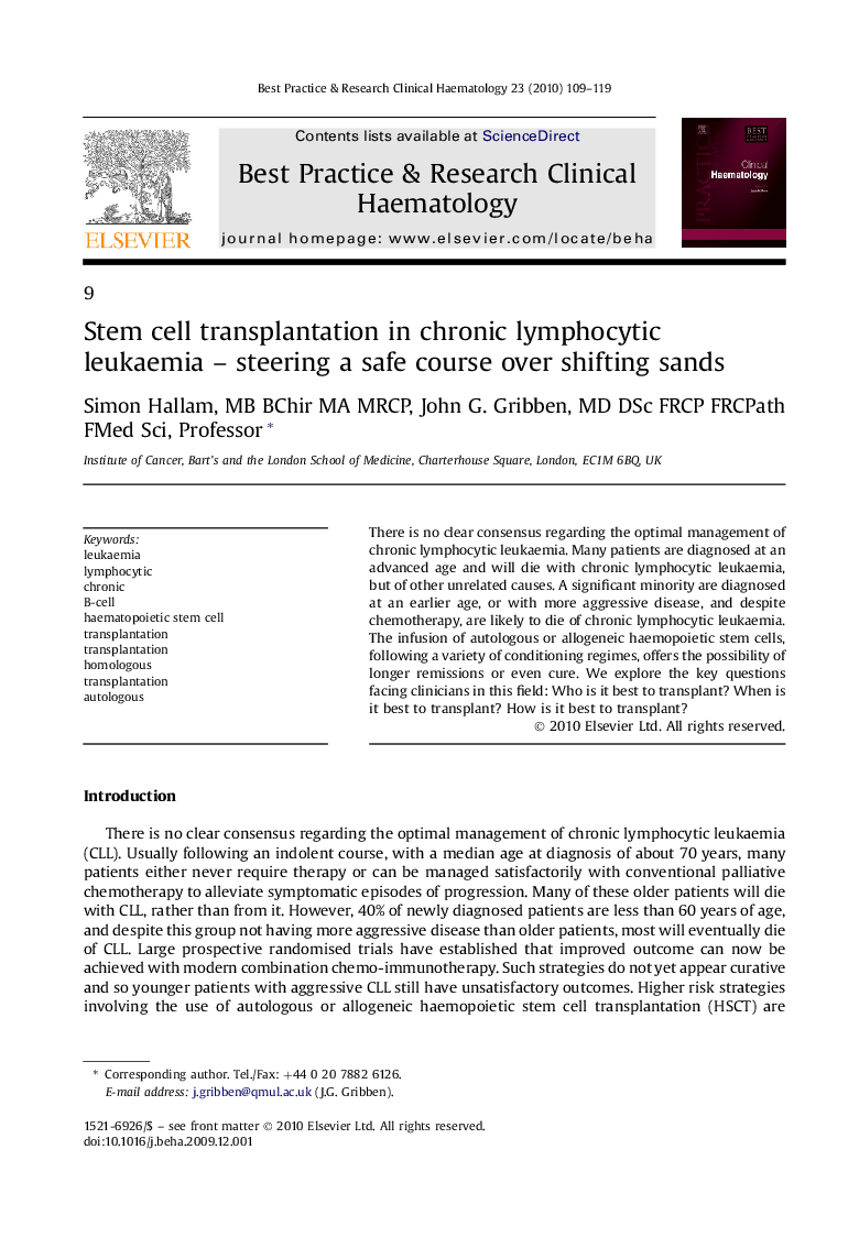 Stem cell transplantation in chronic lymphocytic leukaemia – steering a safe course over shifting sands