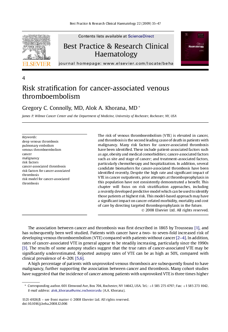 Risk stratification for cancer-associated venous thromboembolism