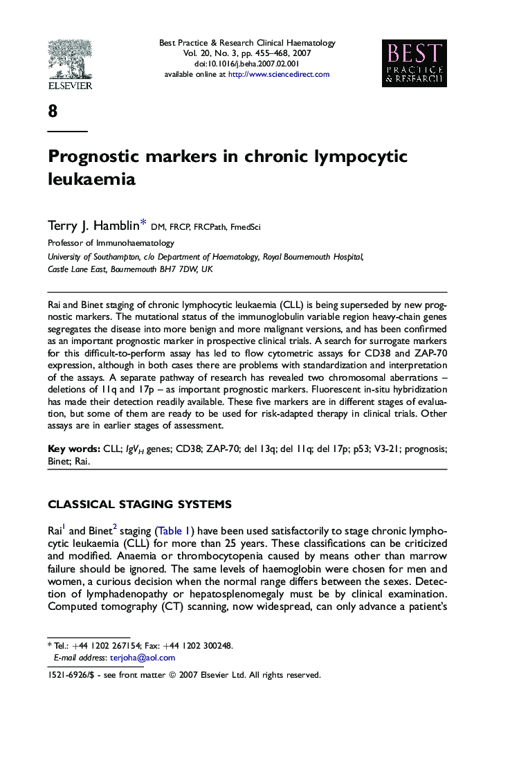 Prognostic markers in chronic lympocytic leukaemia