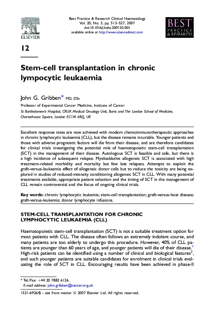 Stem-cell transplantation in chronic lympocytic leukaemia