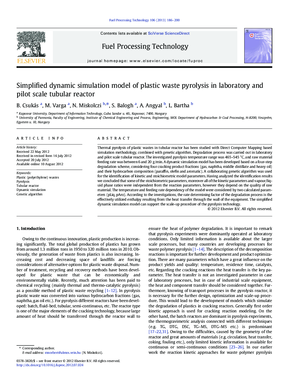 Simplified dynamic simulation model of plastic waste pyrolysis in laboratory and pilot scale tubular reactor