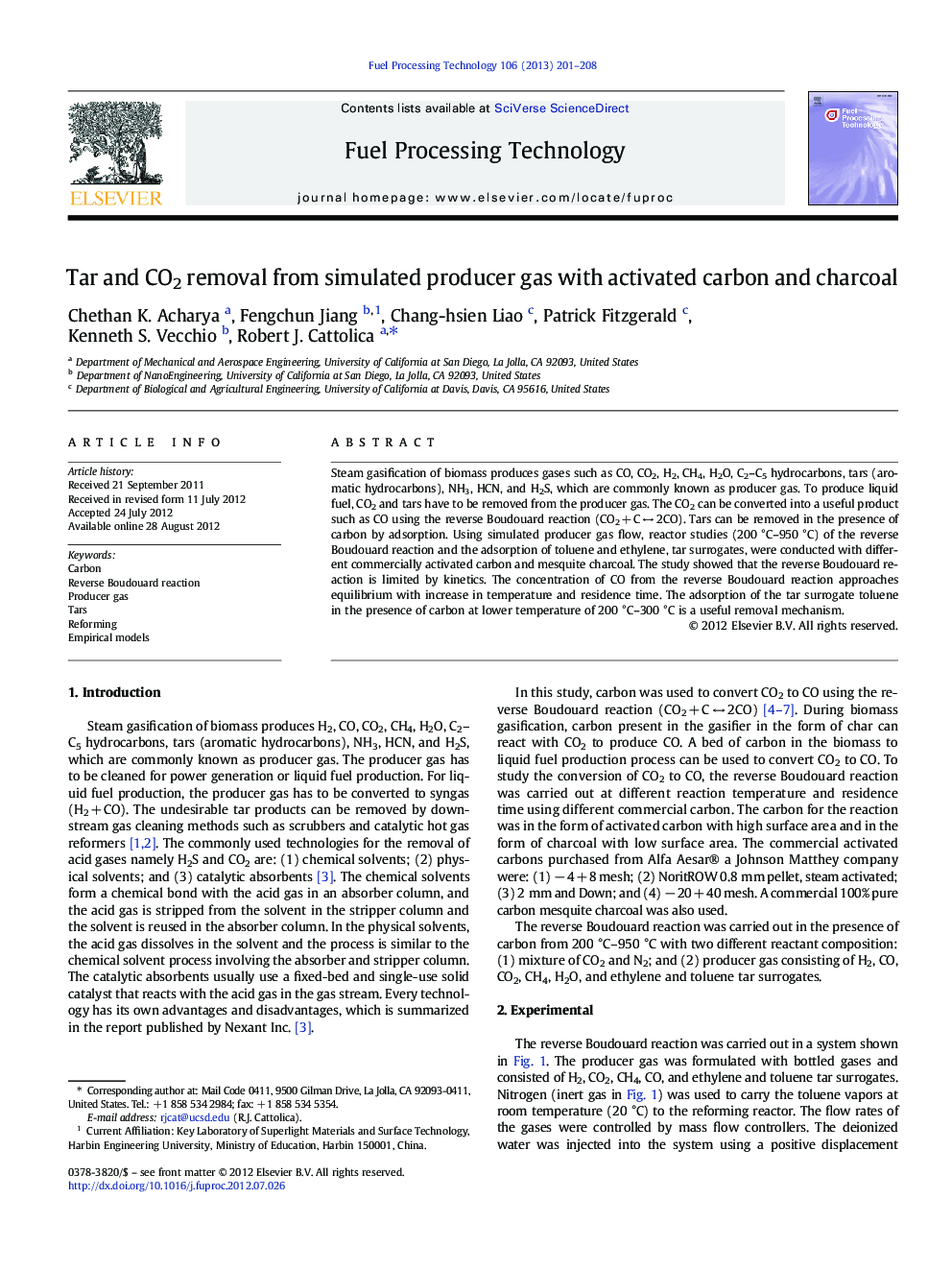 Tar and CO2 removal from simulated producer gas with activated carbon and charcoal