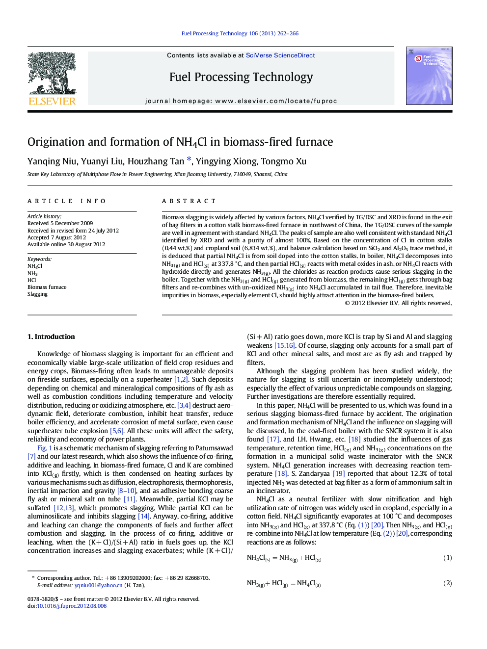 Origination and formation of NH4Cl in biomass-fired furnace