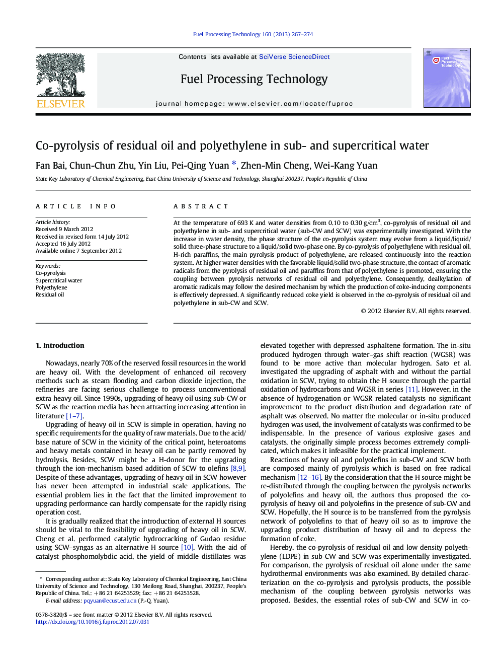 Co-pyrolysis of residual oil and polyethylene in sub- and supercritical water