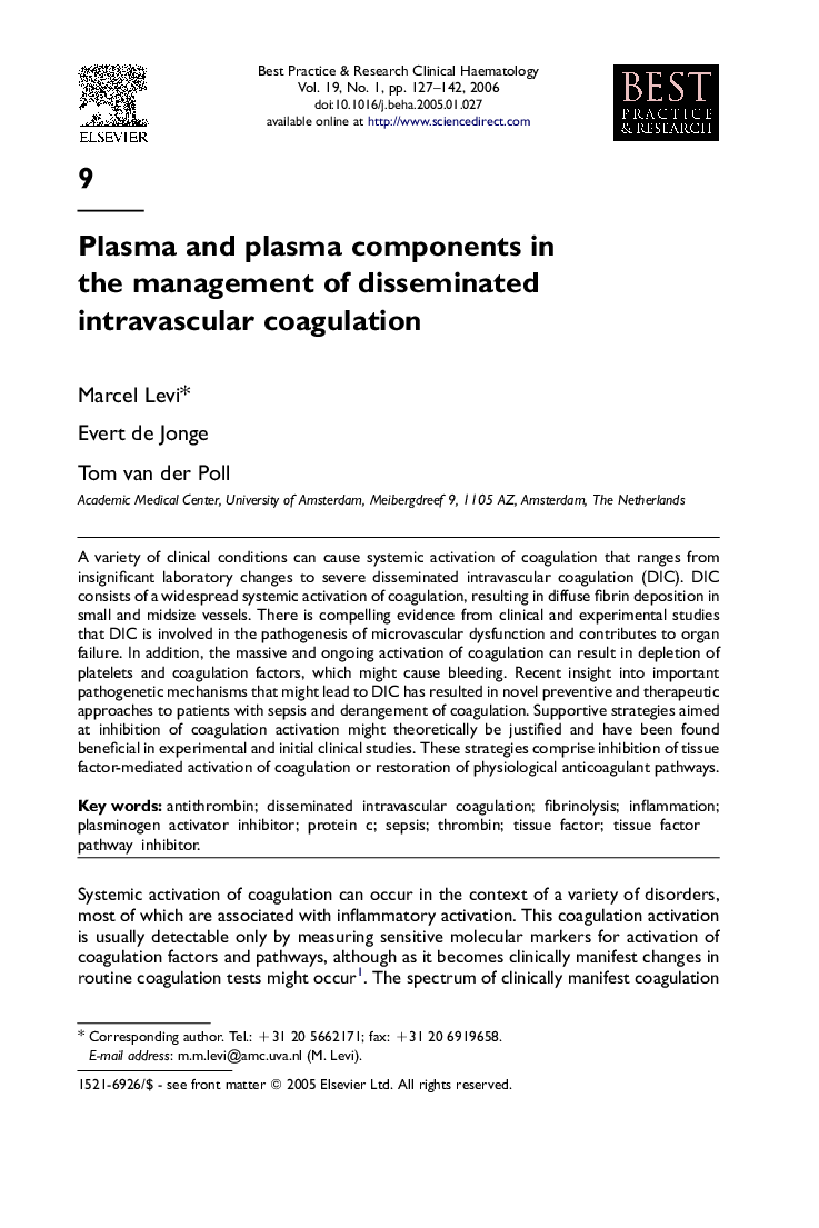 Plasma and plasma components in the management of disseminated intravascular coagulation