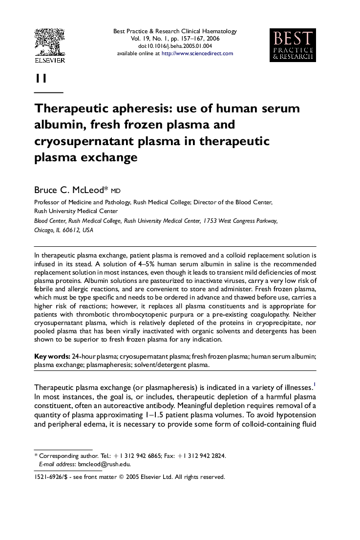 Therapeutic apheresis: use of human serum albumin, fresh frozen plasma and cryosupernatant plasma in therapeutic plasma exchange