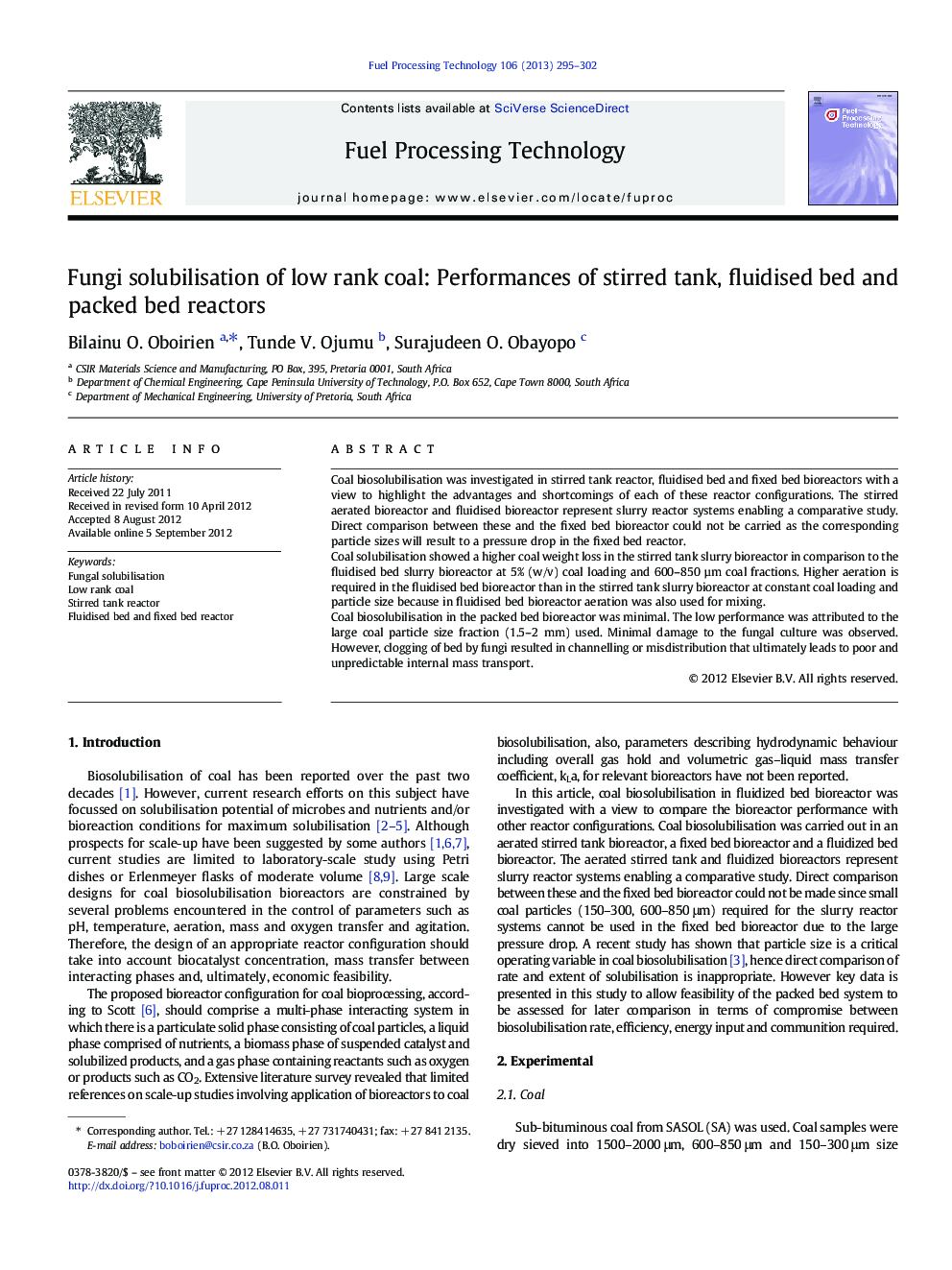 Fungi solubilisation of low rank coal: Performances of stirred tank, fluidised bed and packed bed reactors