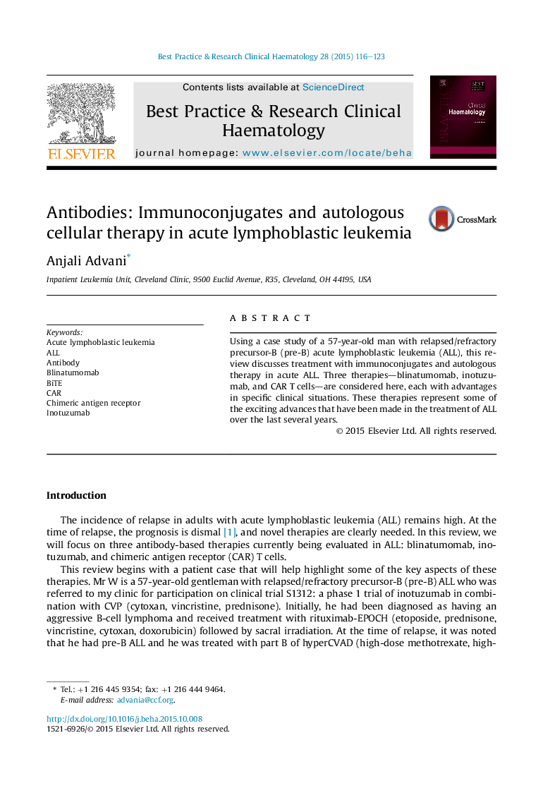 Antibodies: Immunoconjugates and autologous cellular therapy in acute lymphoblastic leukemia