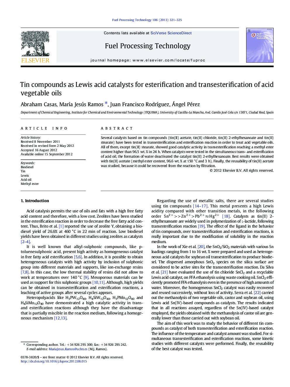 Tin compounds as Lewis acid catalysts for esterification and transesterification of acid vegetable oils