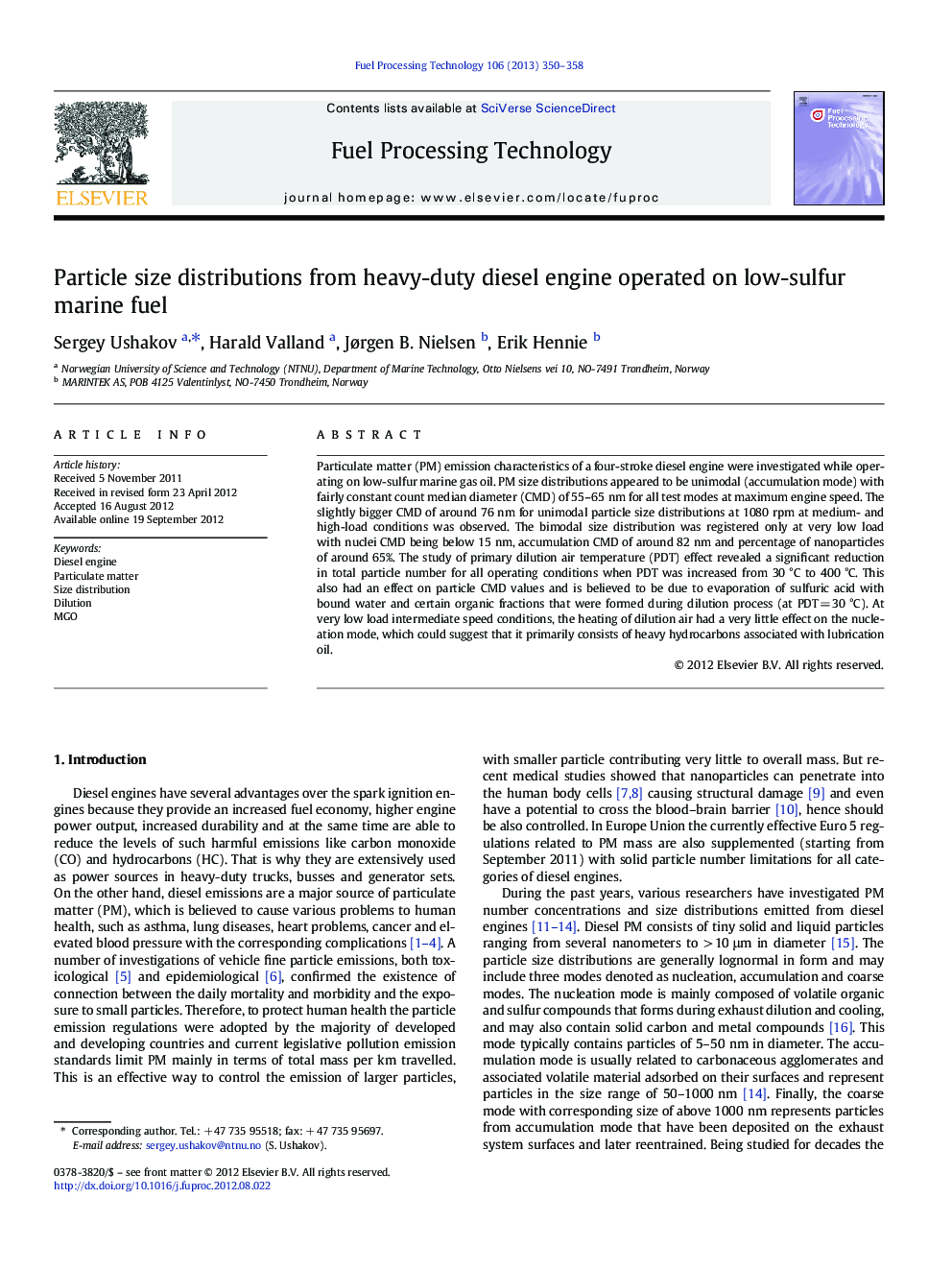 Particle size distributions from heavy-duty diesel engine operated on low-sulfur marine fuel