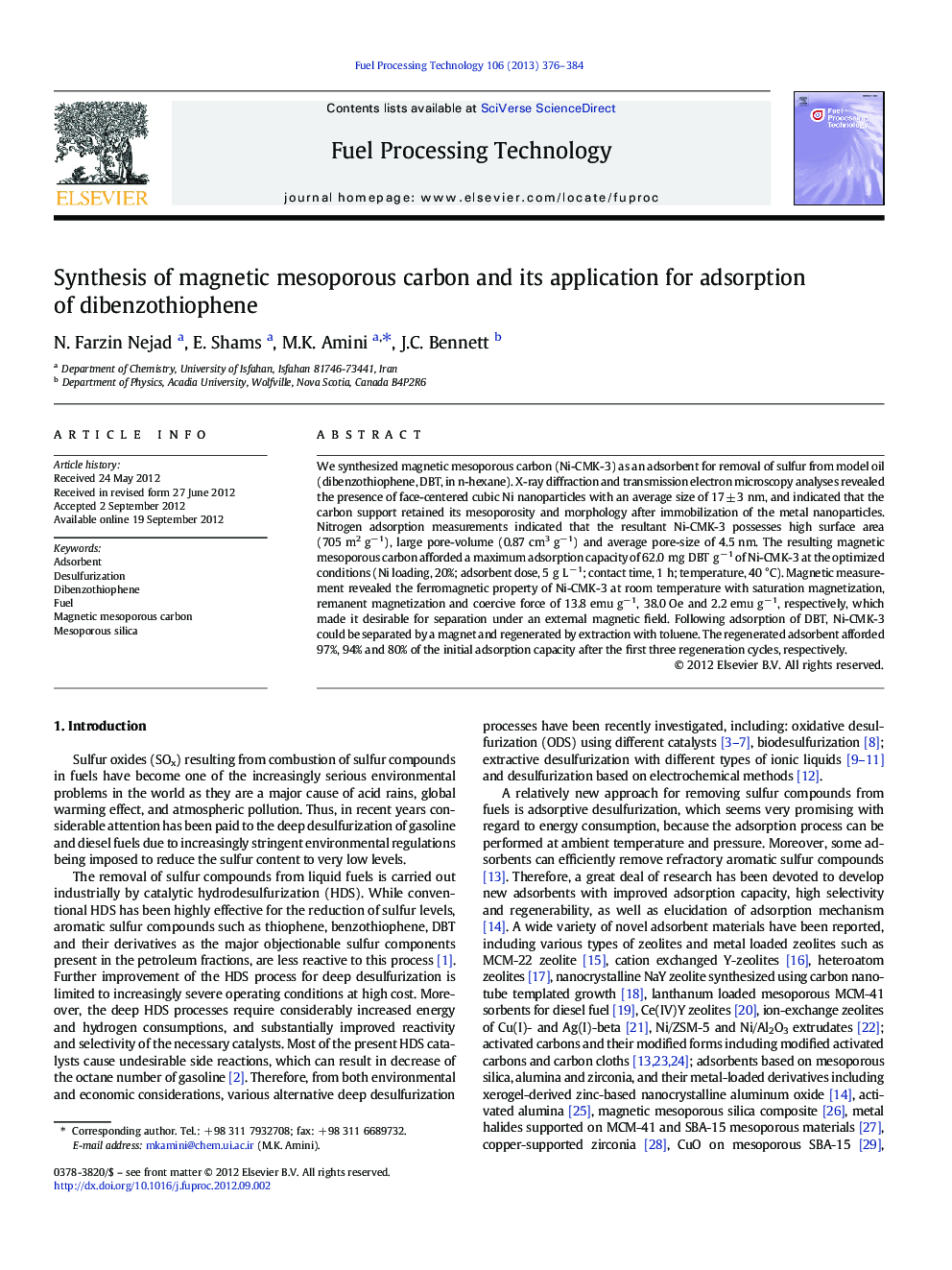 Synthesis of magnetic mesoporous carbon and its application for adsorption of dibenzothiophene