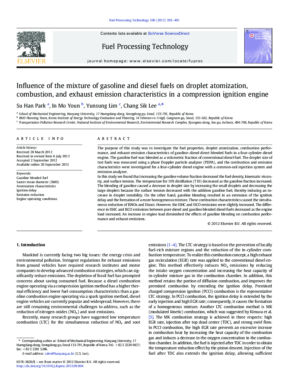 Influence of the mixture of gasoline and diesel fuels on droplet atomization, combustion, and exhaust emission characteristics in a compression ignition engine