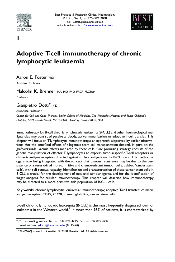 Adoptive T-cell immunotherapy of chronic lymphocytic leukaemia