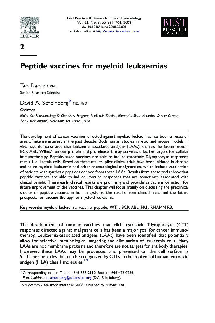 Peptide vaccines for myeloid leukaemias