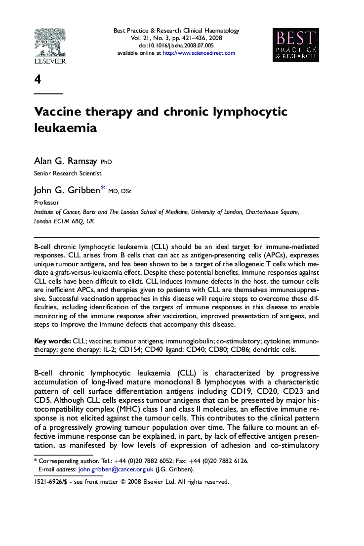 Vaccine therapy and chronic lymphocytic leukaemia