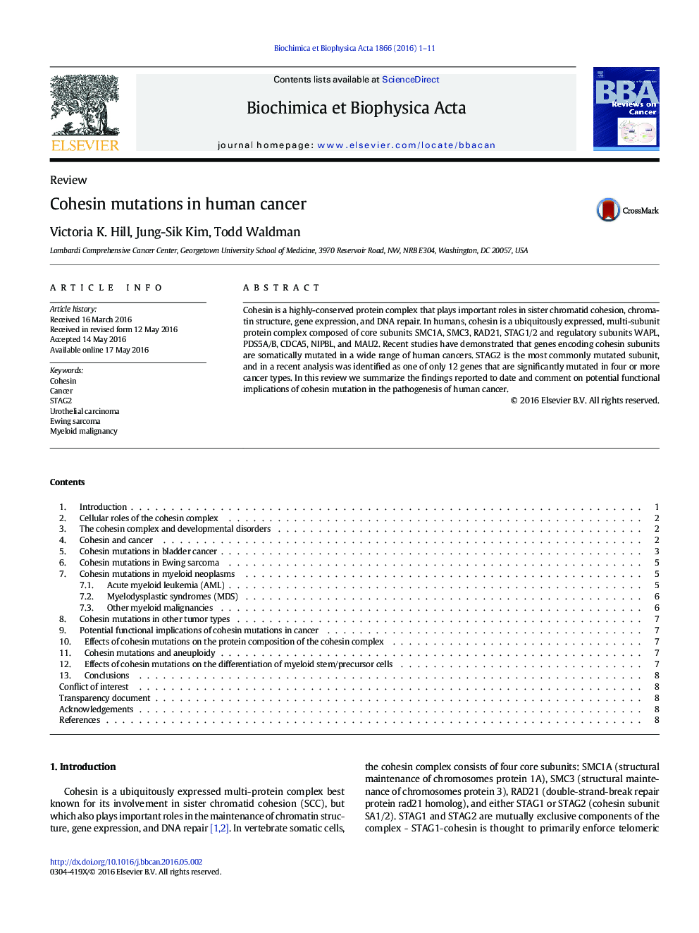 Cohesin mutations in human cancer