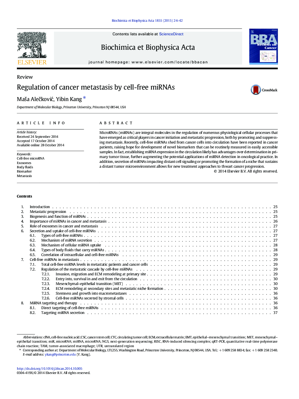 Regulation of cancer metastasis by cell-free miRNAs