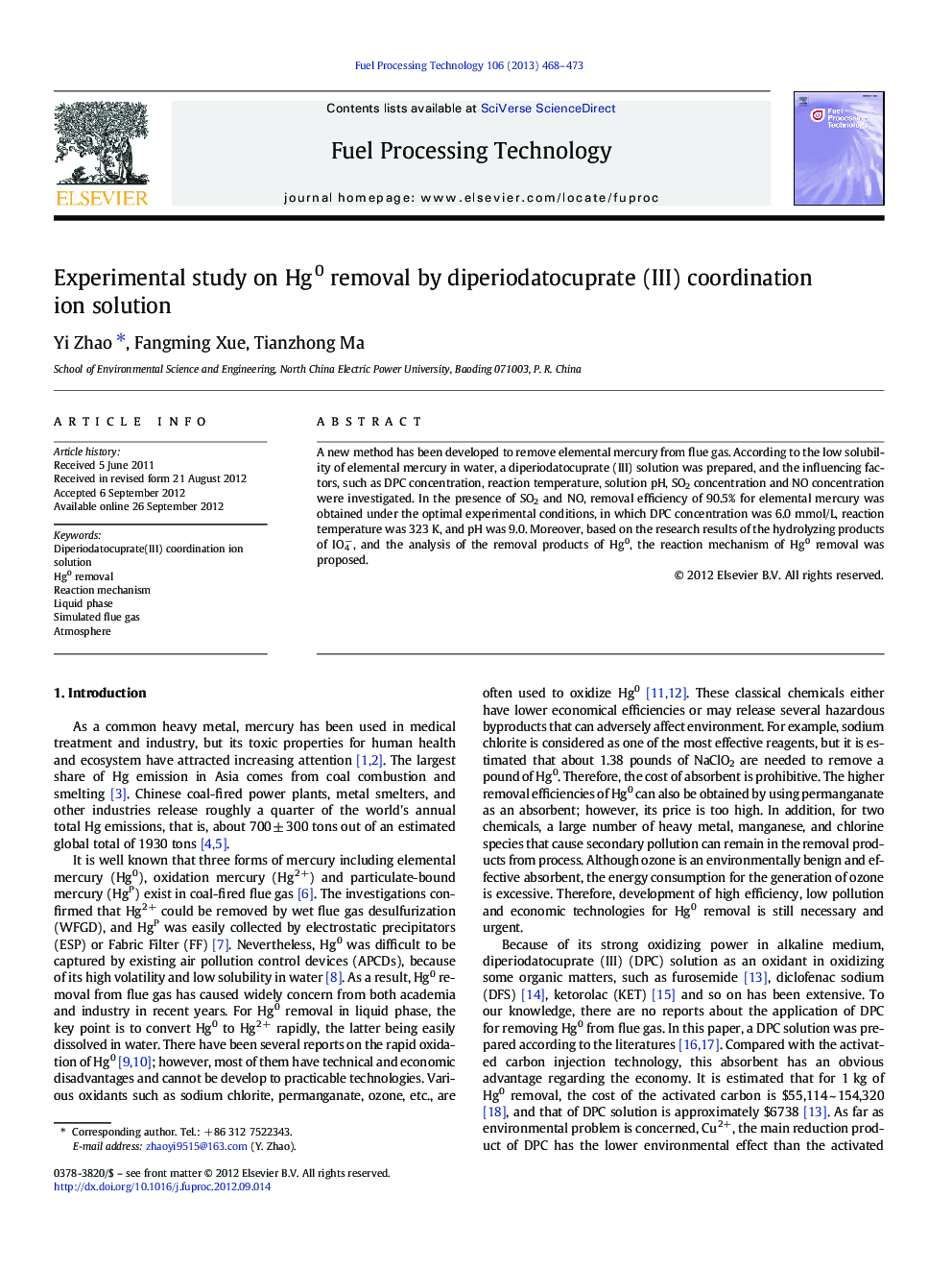 Experimental study on Hg0 removal by diperiodatocuprate (III) coordination ion solution