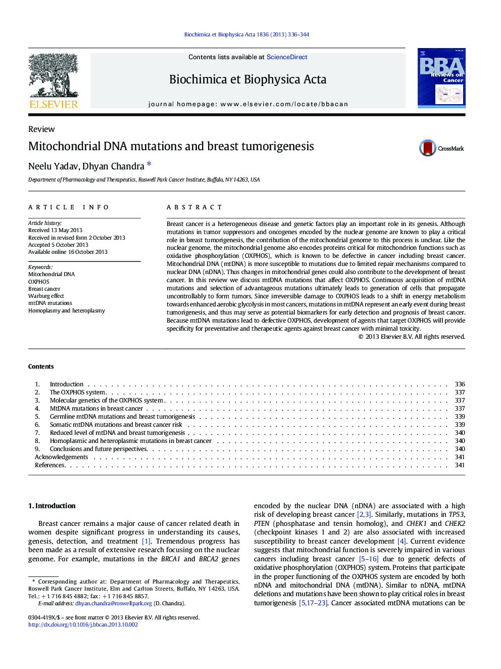 Mitochondrial DNA mutations and breast tumorigenesis