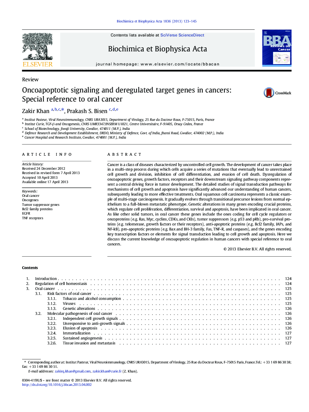 Oncoapoptotic signaling and deregulated target genes in cancers: Special reference to oral cancer