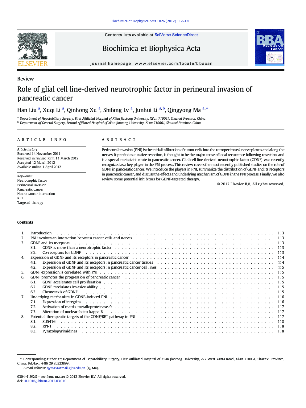 Role of glial cell line-derived neurotrophic factor in perineural invasion of pancreatic cancer