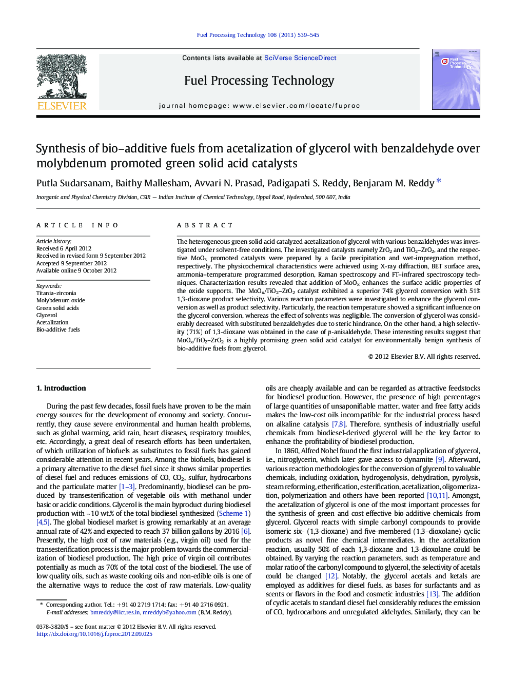 Synthesis of bio–additive fuels from acetalization of glycerol with benzaldehyde over molybdenum promoted green solid acid catalysts