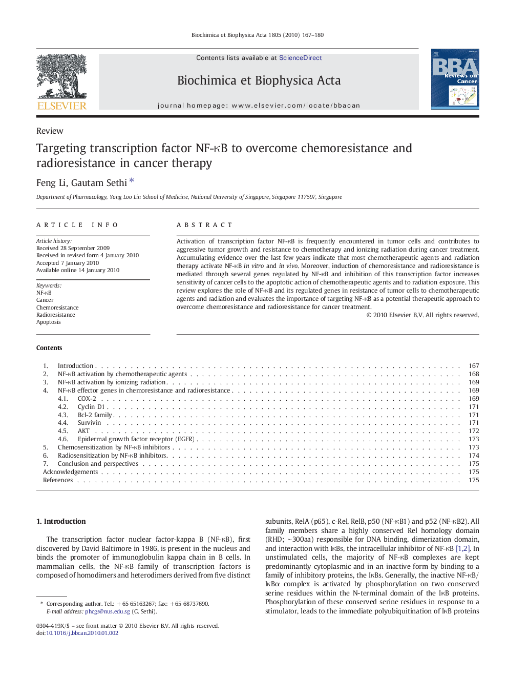 Targeting transcription factor NF-κB to overcome chemoresistance and radioresistance in cancer therapy