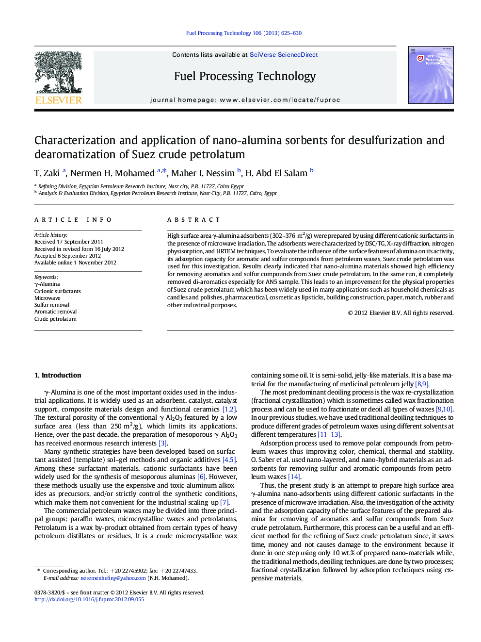 Characterization and application of nano-alumina sorbents for desulfurization and dearomatization of Suez crude petrolatum