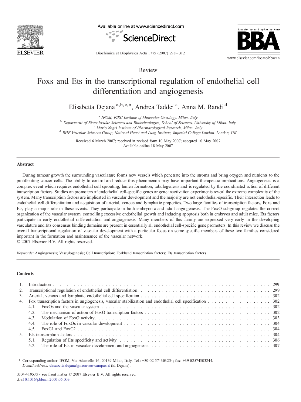 Foxs and Ets in the transcriptional regulation of endothelial cell differentiation and angiogenesis