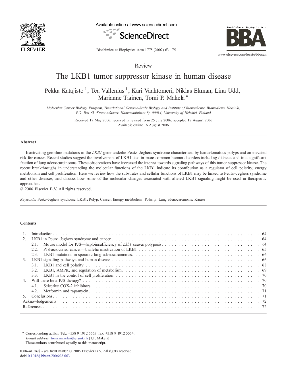 The LKB1 tumor suppressor kinase in human disease