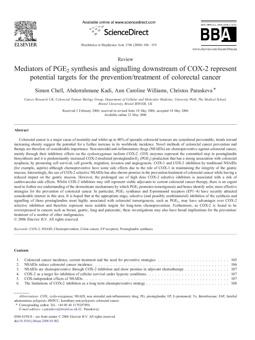 Mediators of PGE2 synthesis and signalling downstream of COX-2 represent potential targets for the prevention/treatment of colorectal cancer