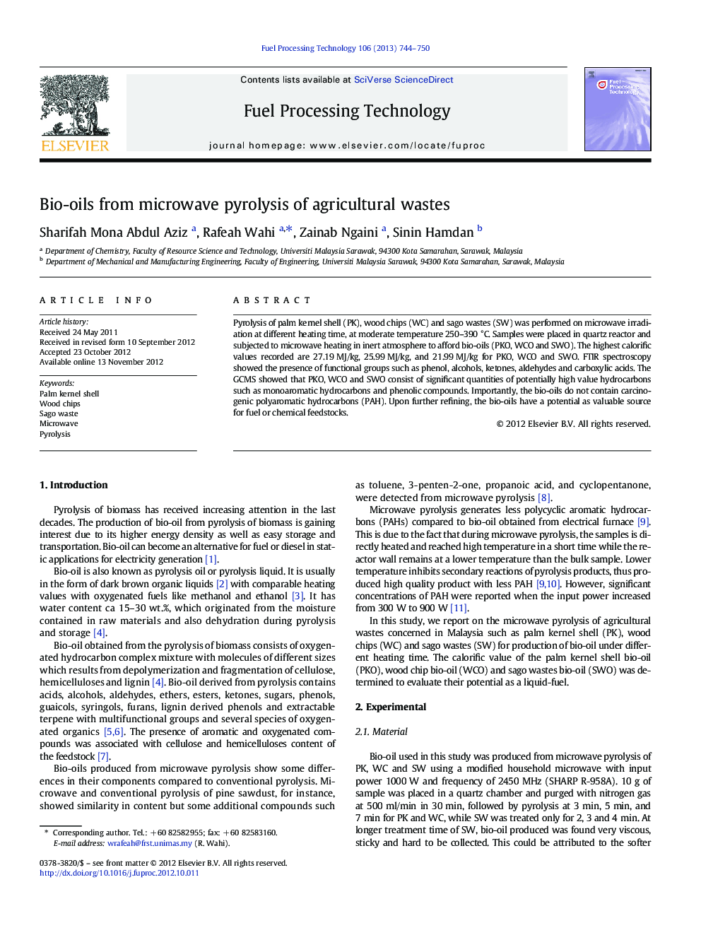 Bio-oils from microwave pyrolysis of agricultural wastes