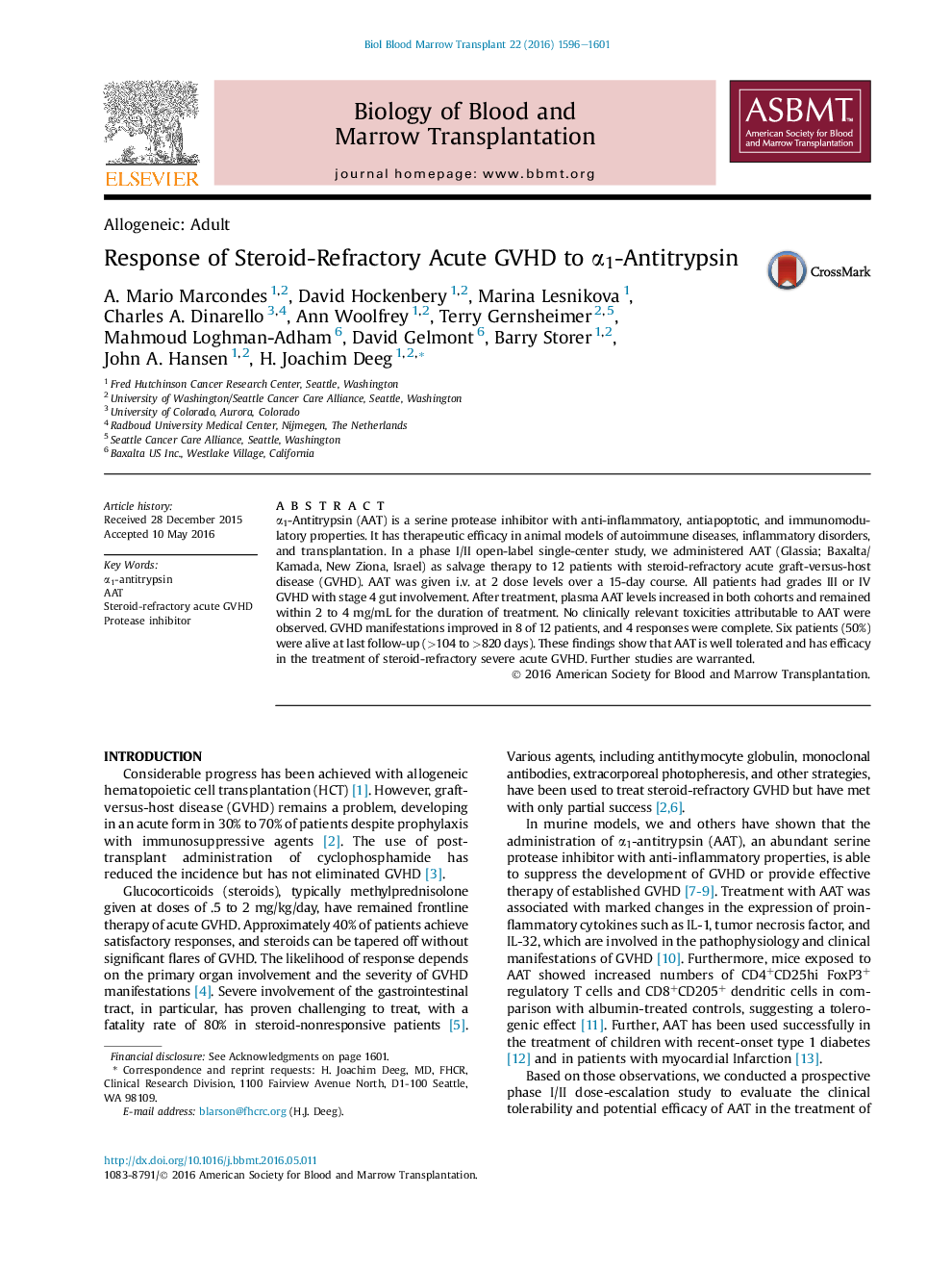 Response of Steroid-Refractory Acute GVHD to α1-Antitrypsin 