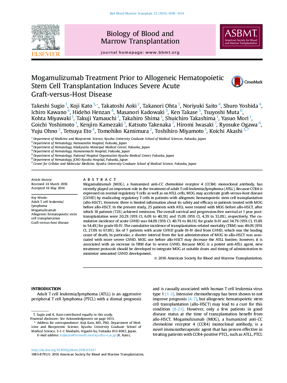 Mogamulizumab Treatment Prior to Allogeneic Hematopoietic Stem Cell Transplantation Induces Severe Acute Graft-versus-Host Disease 