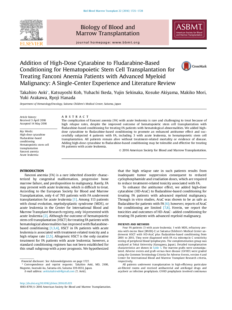 Addition of High-Dose Cytarabine to Fludarabine-Based Conditioning for Hematopoietic Stem Cell Transplantation for Treating Fanconi Anemia Patients with Advanced Myeloid Malignancy: A Single-Center Experience and Literature Review 