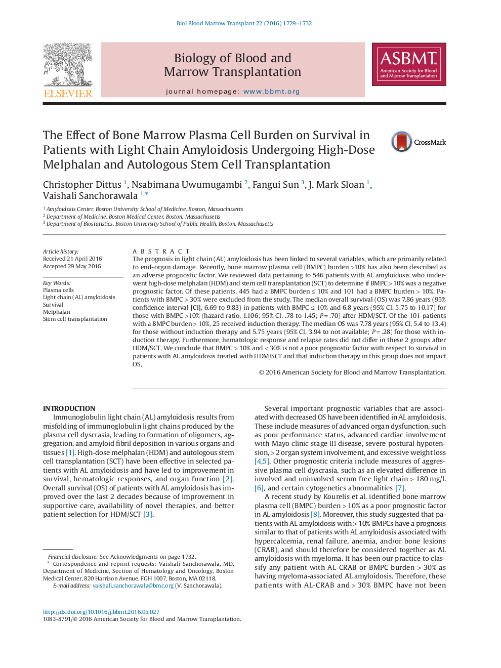 The Effect of Bone Marrow Plasma Cell Burden on Survival in Patients with Light Chain Amyloidosis Undergoing High-Dose Melphalan and Autologous Stem Cell Transplantation 