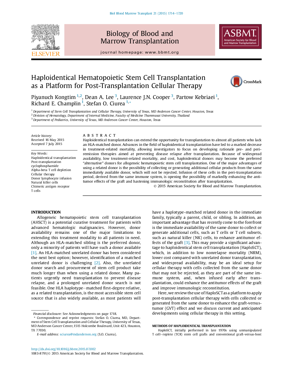 Haploidentical Hematopoietic Stem Cell Transplantation as a Platform for Post-Transplantation Cellular Therapy 