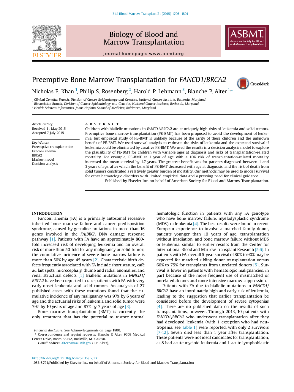 Preemptive Bone Marrow Transplantation for FANCD1/BRCA2 