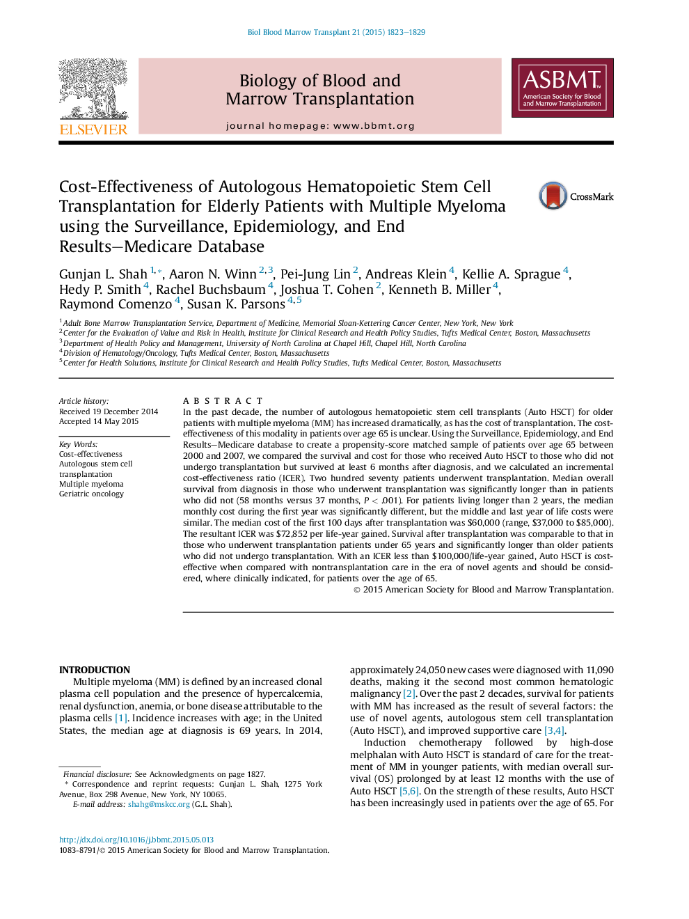 Cost-Effectiveness of Autologous Hematopoietic Stem Cell Transplantation for Elderly Patients with Multiple Myeloma using the Surveillance, Epidemiology, and End Results–Medicare Database 