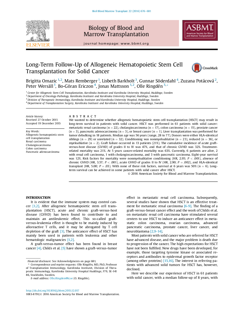 Long-Term Follow-Up of Allogeneic Hematopoietic Stem Cell Transplantation for Solid Cancer 