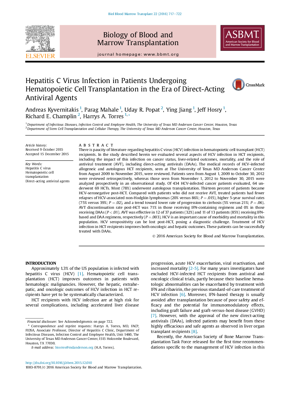 Hepatitis C Virus Infection in Patients Undergoing Hematopoietic Cell Transplantation in the Era of Direct-Acting Antiviral Agents 